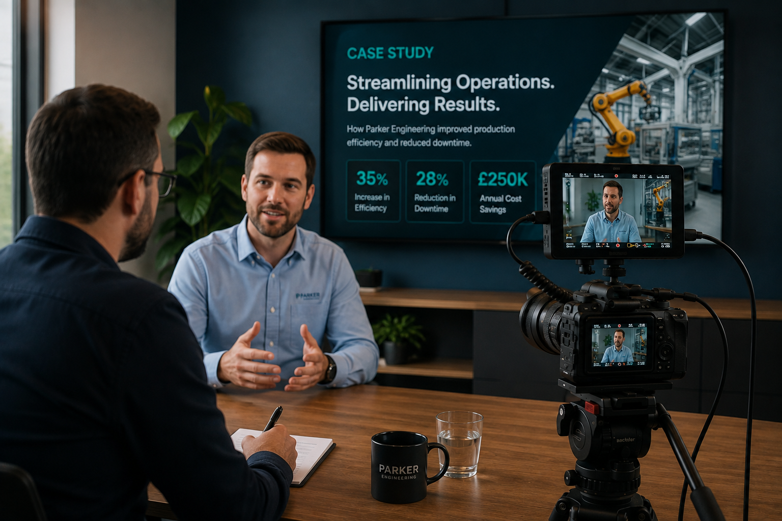 Case study interview filmed in front of a results screen