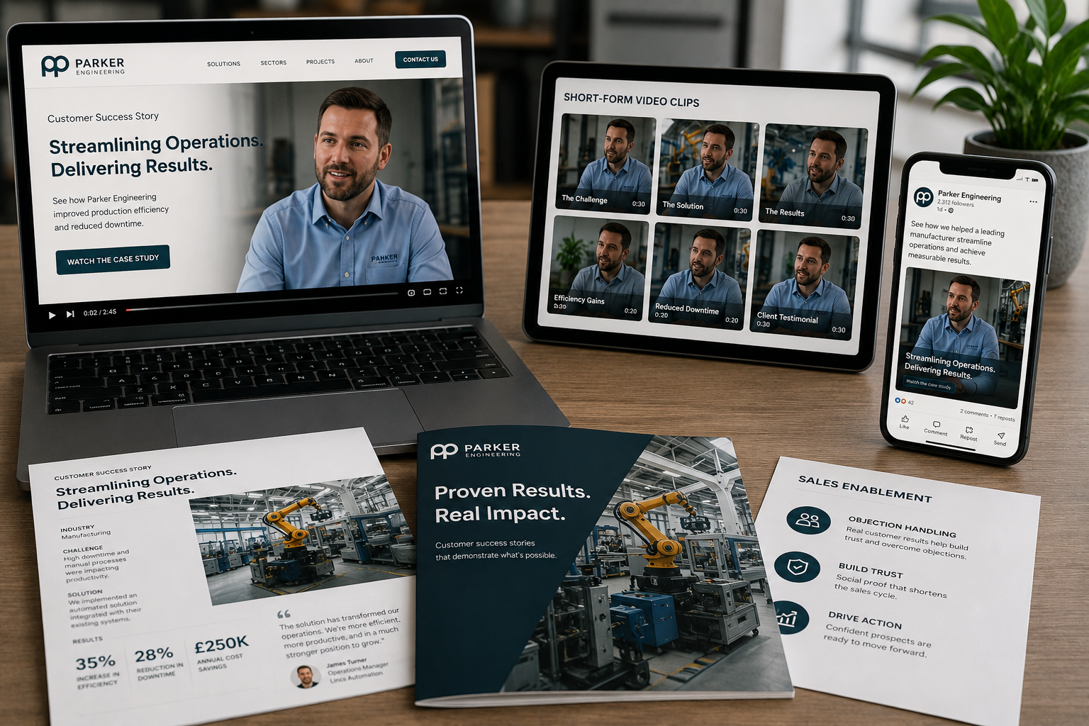 One customer story repurposed across website, tablet clips, social post, brochure and one-pagers