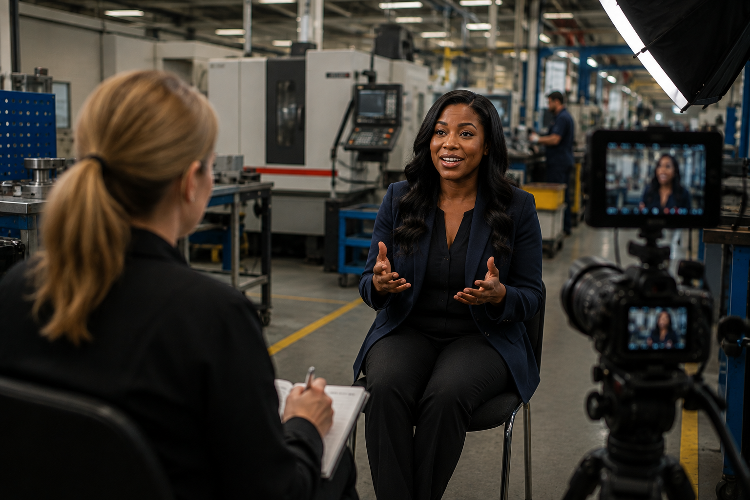 Customer interview filmed on the factory floor with softbox lighting