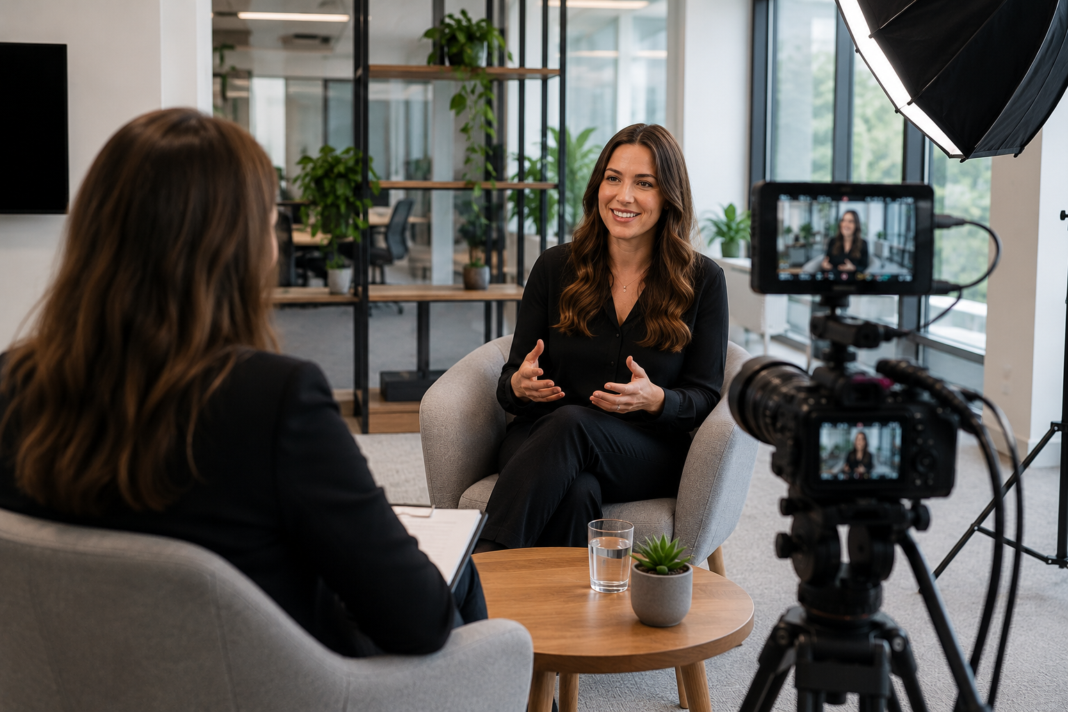 Interviewer preparing questions with the customer before filming